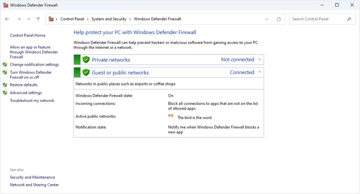 Windows Defender Firewall interface.