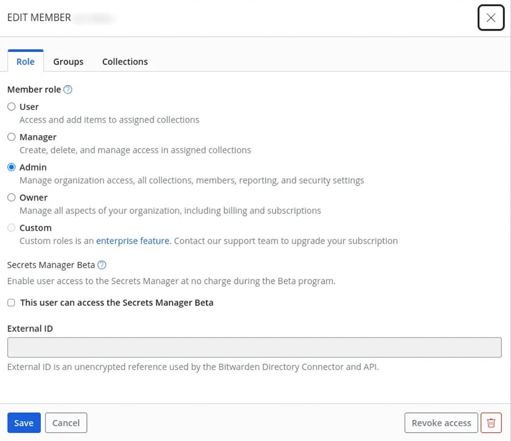 Roles for password sharing in Bitwarden.