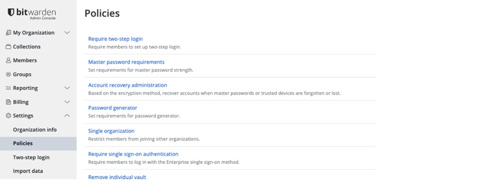 Security policy management in Bitwarden.