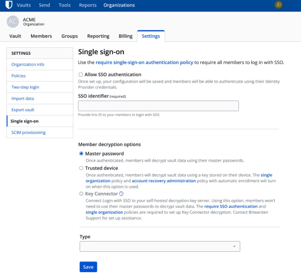 Configuring SSO in Bitwarden.