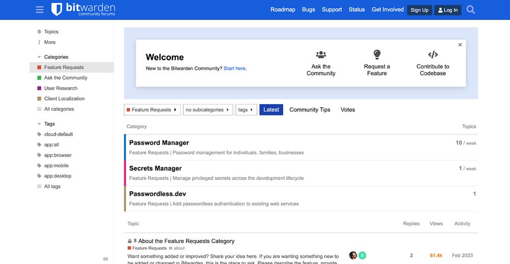 Feature requests page in Bitwarden community forum.