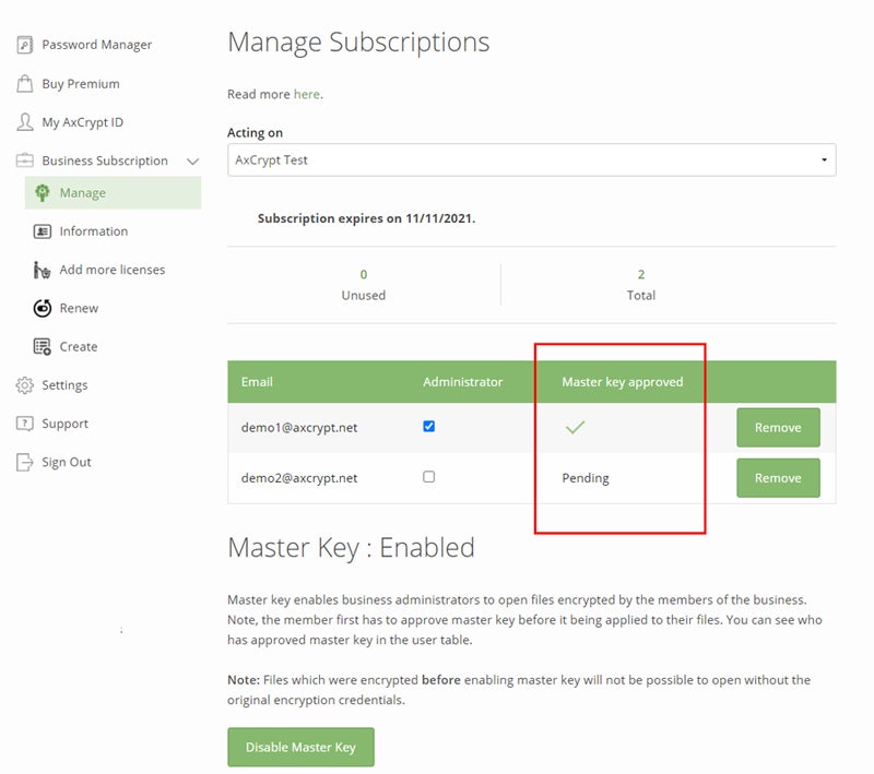 AxCrypt Master Key screenshot.