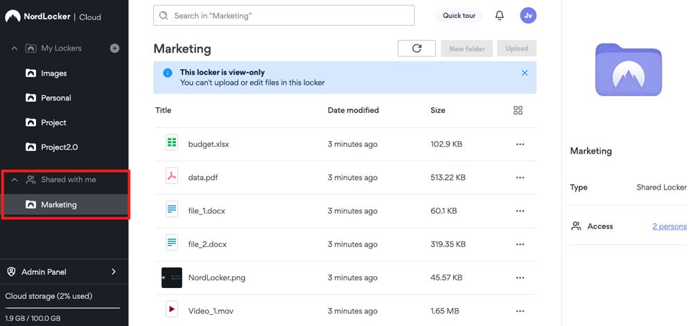 NordLocker shared folder screenshot.