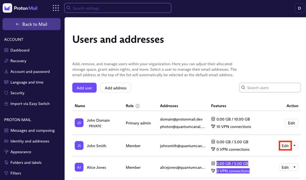Proton Mail admin screenshot.