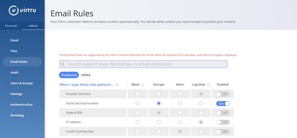 Virtru email rules admin screenshot.
