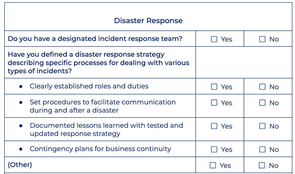 Disaster Response section of the checklist.