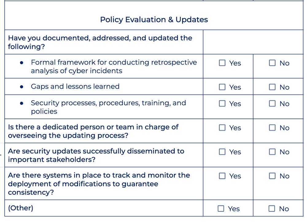 Policy Evaluation and Updates section of the checklist.