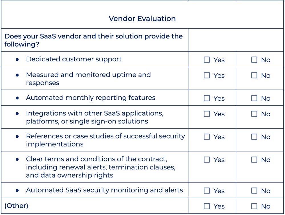 SaaS Vendor Evaluation section of the checklist.