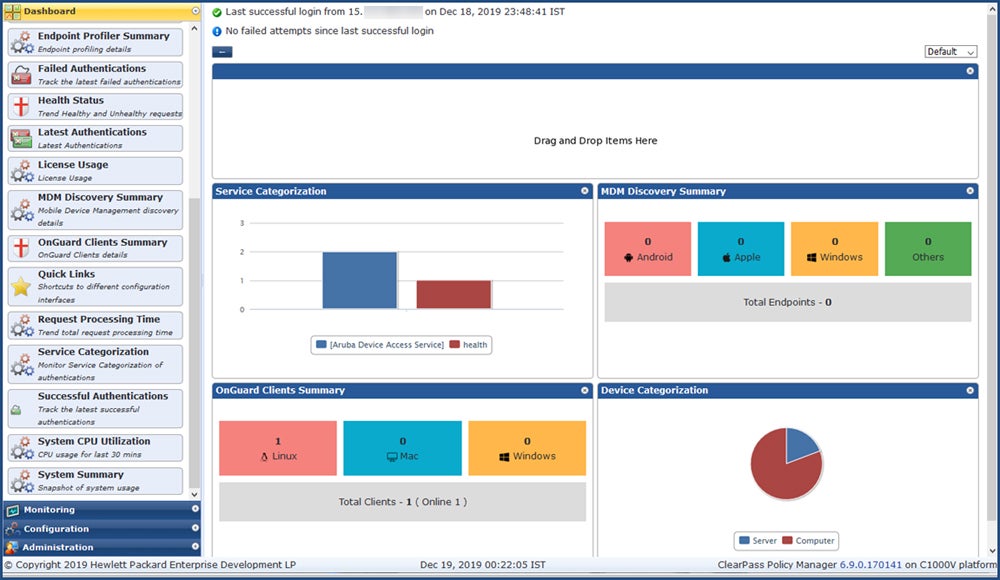Aruba ClearPass interface.