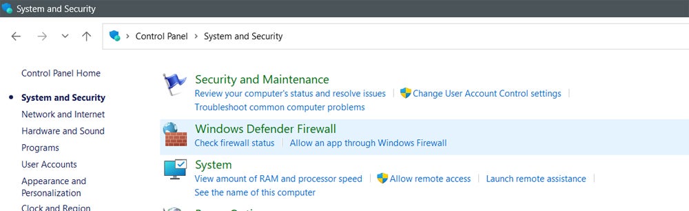 Windows System and Security interface.