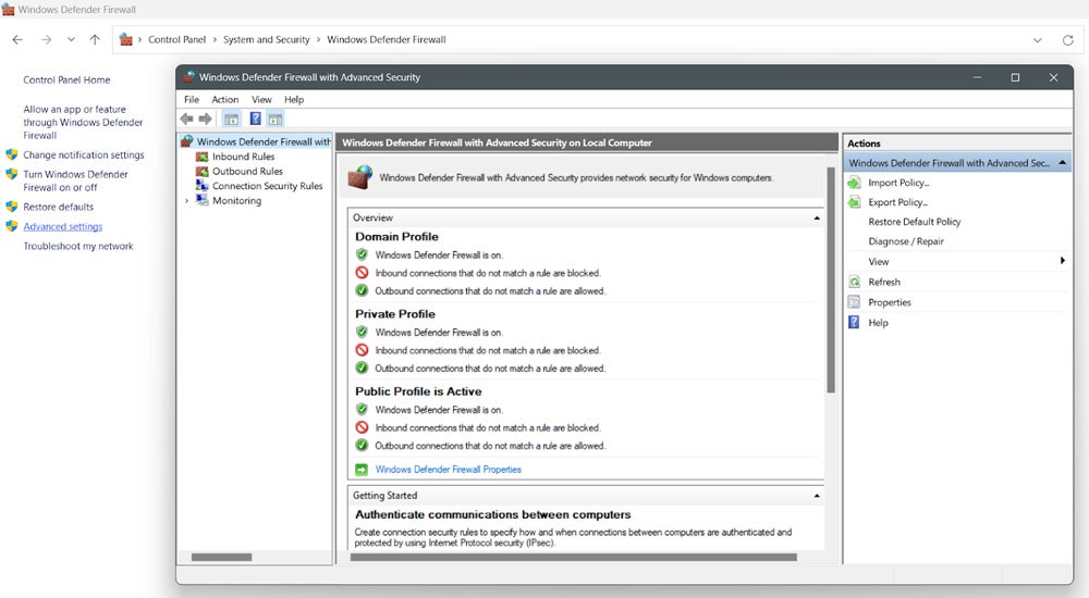 Windows Defender Firewall interface.