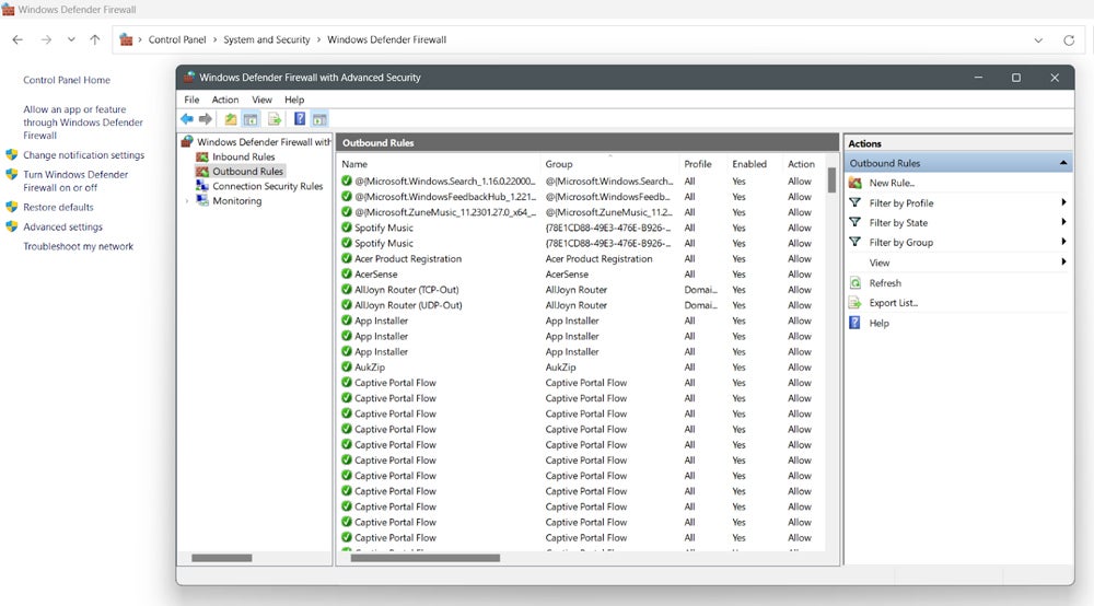 Outbound Rules interface.