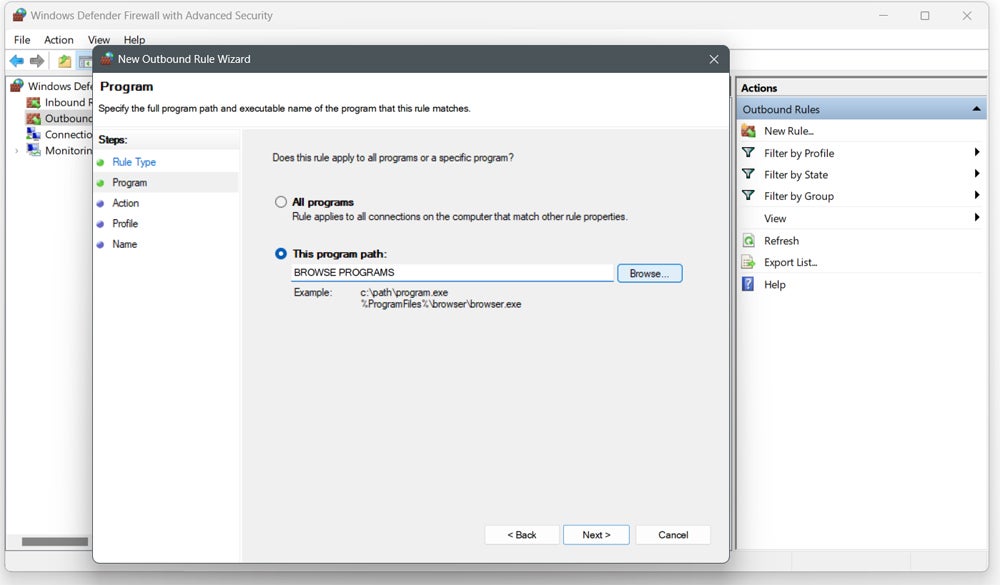 Specifying programs on the New Outbound Rule Wizard window.