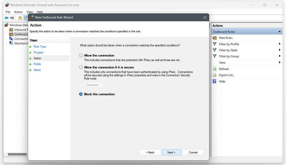 Selecting an action type on the the New Outbound Rule Wizard.