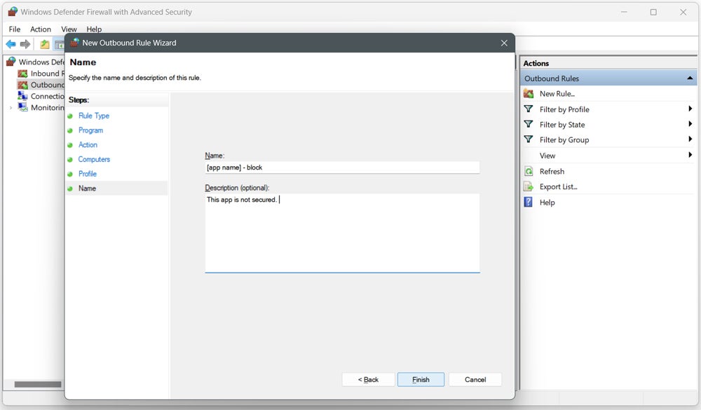 Specifying the name and description on the New Outbound Rule Wizard window.
