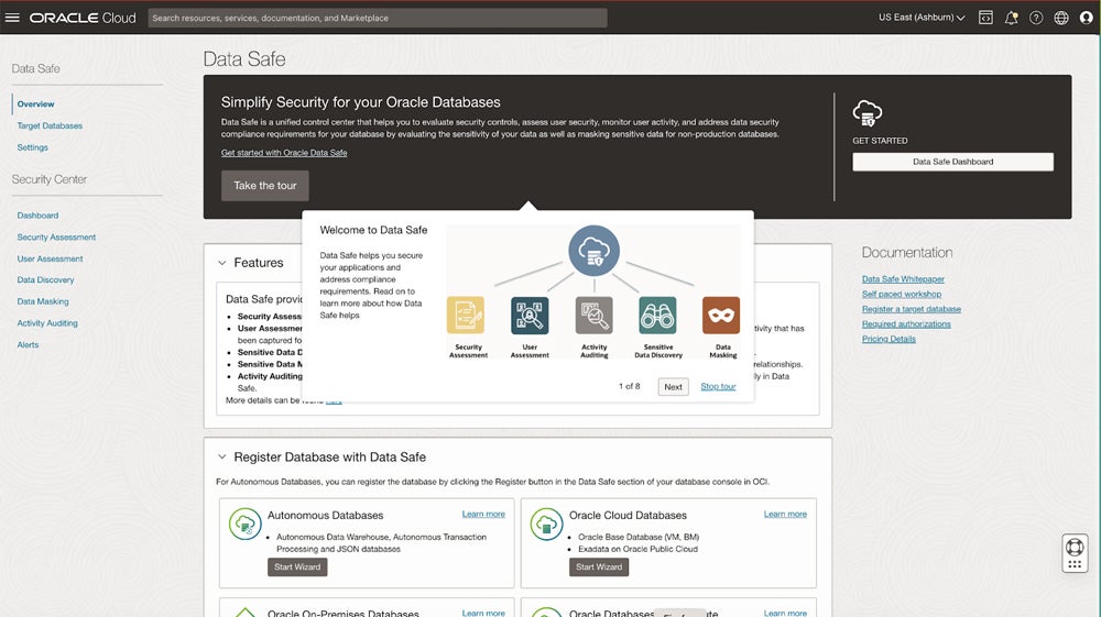 Oracle Data Safe main interface.