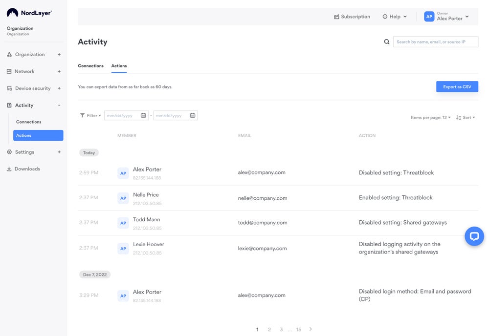 NordLayer user activity screenshot.