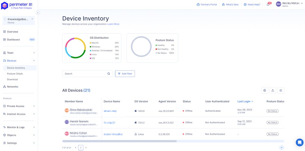 Perimeter 81 device inventory screenshot.