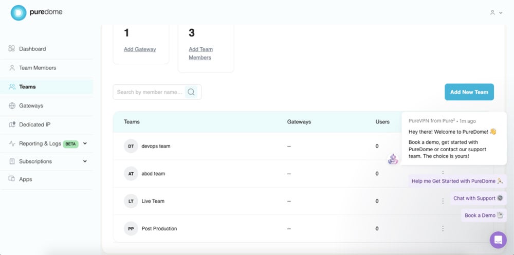 PureDome teams screenshot.