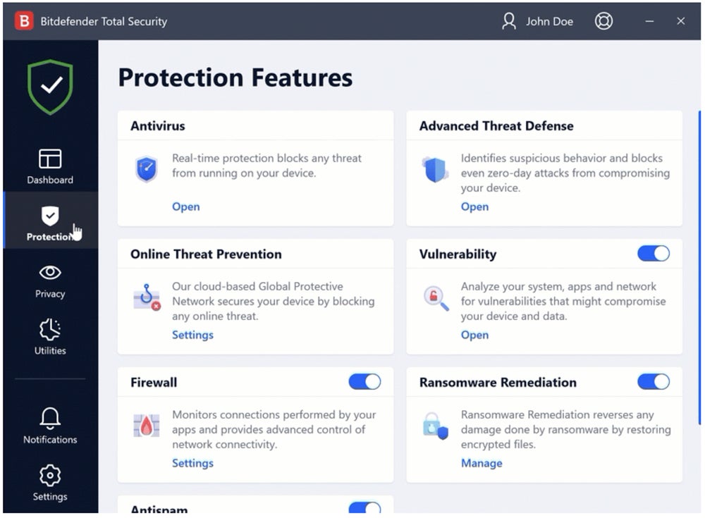 Bitdefender protection features.