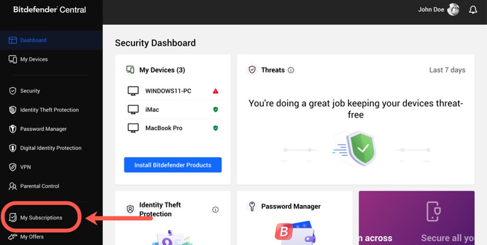 Bitdefender Central dashboard.