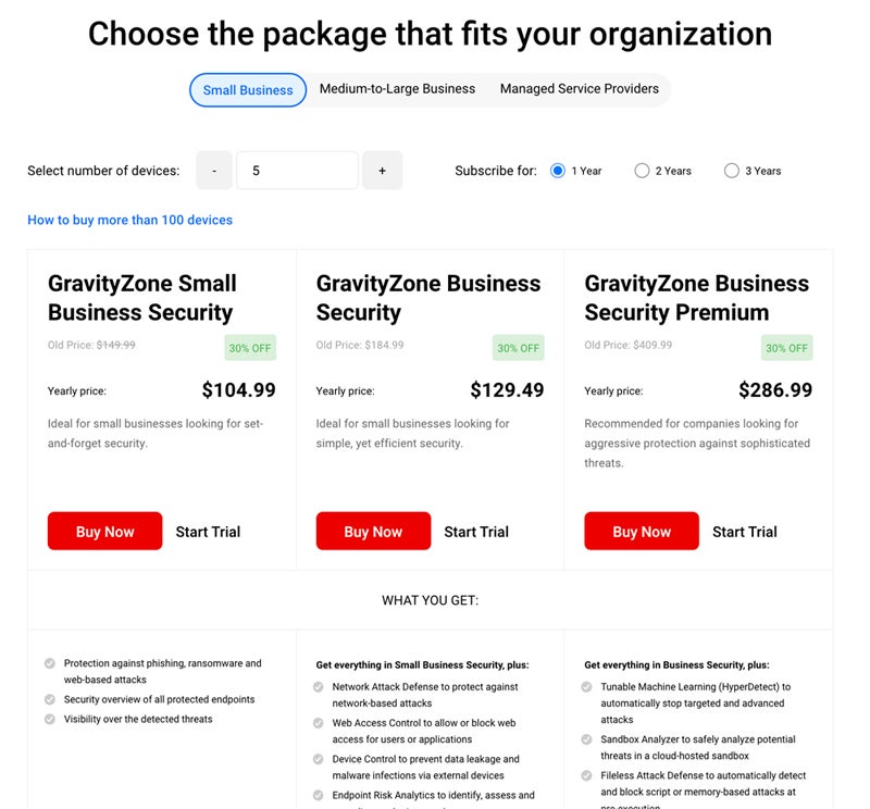 Pricing tiers for Bitdefender.