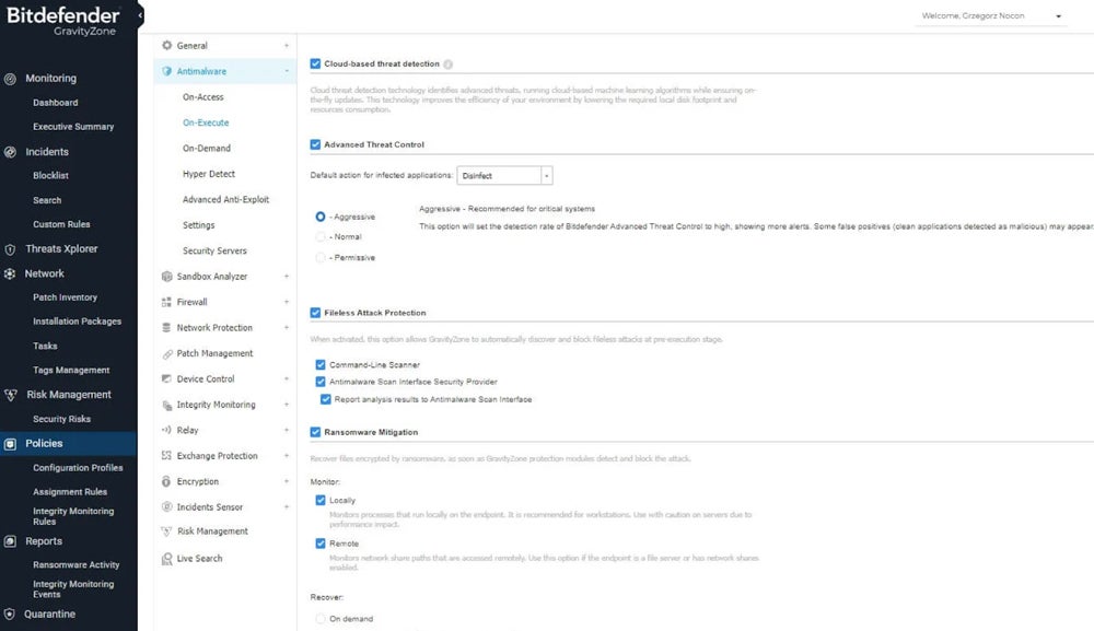 Bitdefender GravityZone interface.