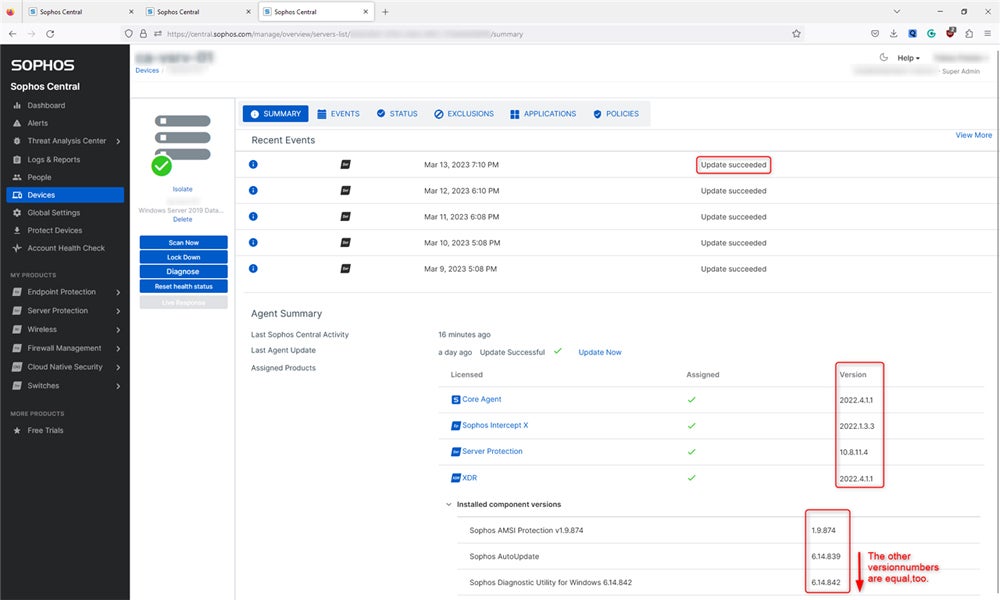 Sophos Intercept X interface.