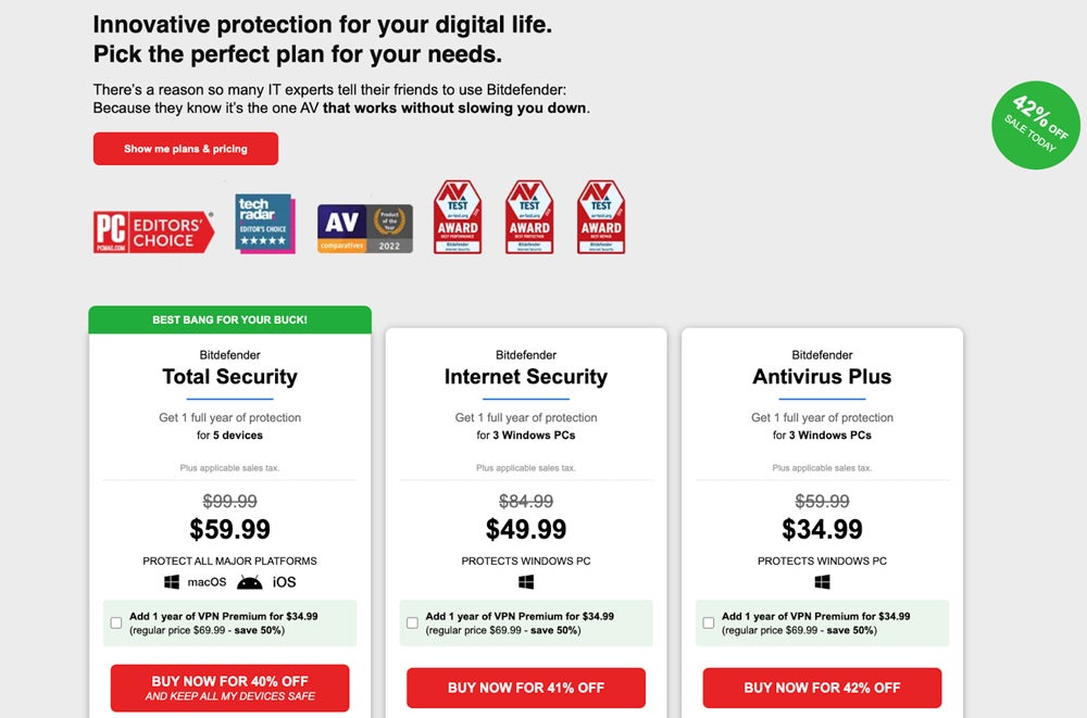 Bitdefender pricing screenshot.