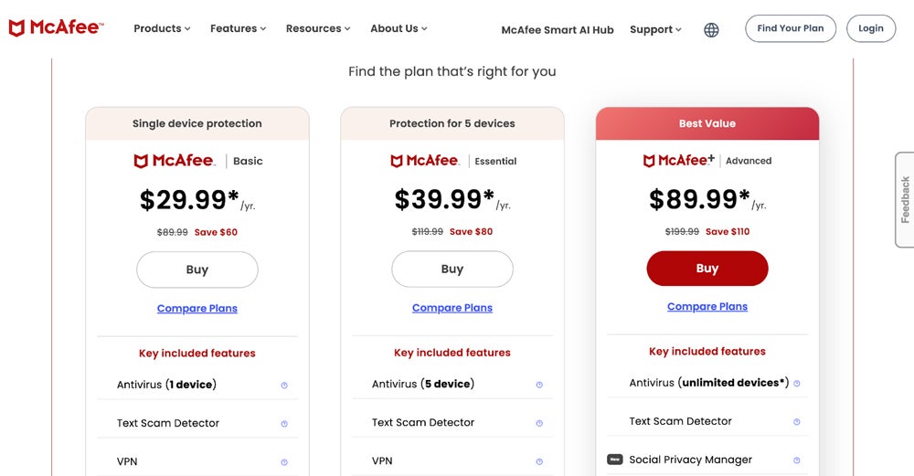 McAfee pricing screenshot.