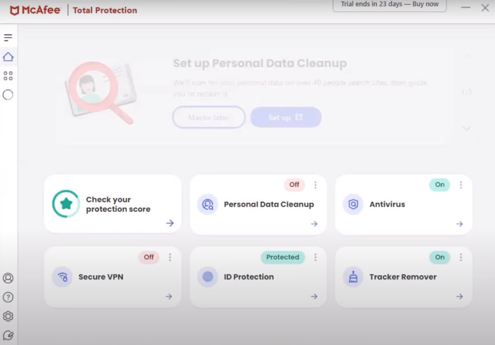 McAfee dashboard functions screenshot.