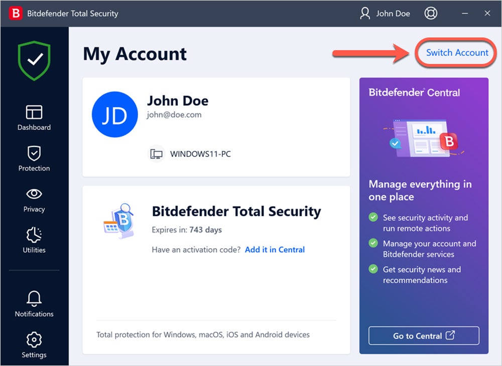 Bitdefender MyAccount interface screenshot.