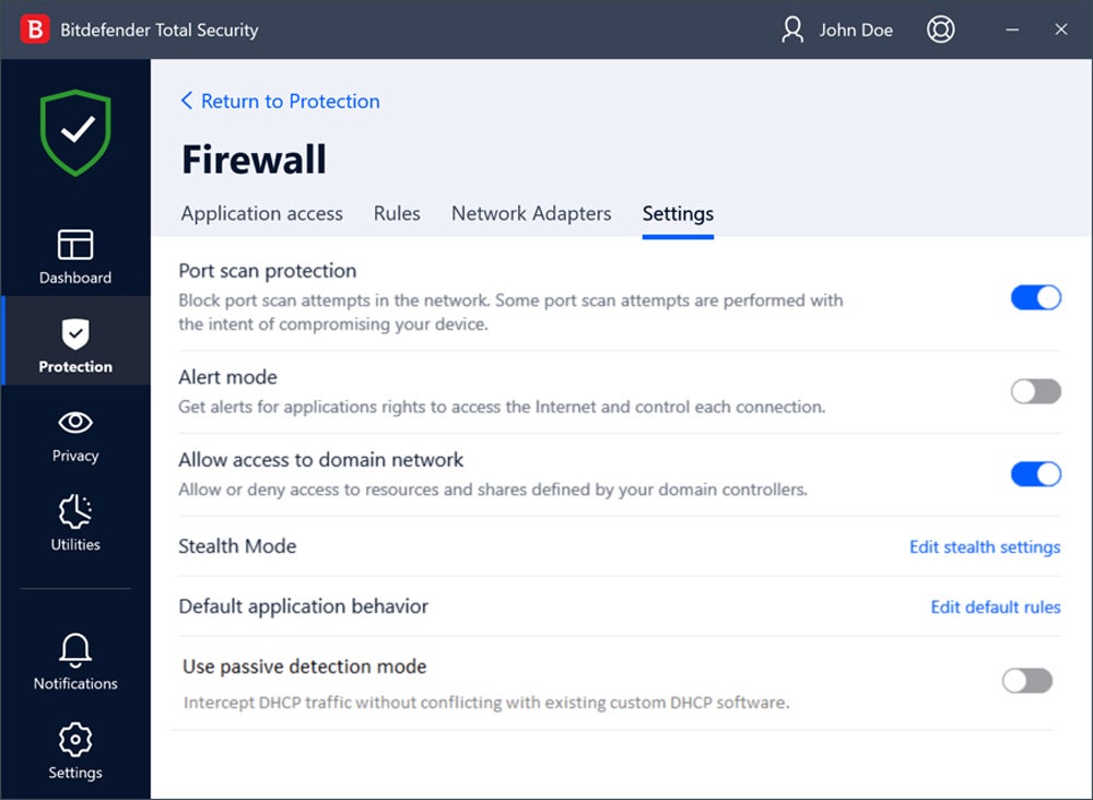 Bitdefender firewall settings interface screenshot.