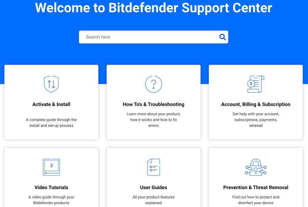 Bitdefender support center page.