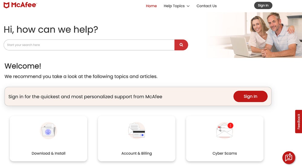 McAfee support center page.